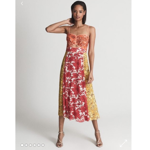 Reiss Isla Cut Out Dress - Size 6 - Floral Red Orange Yellow - Picture 5 of 10